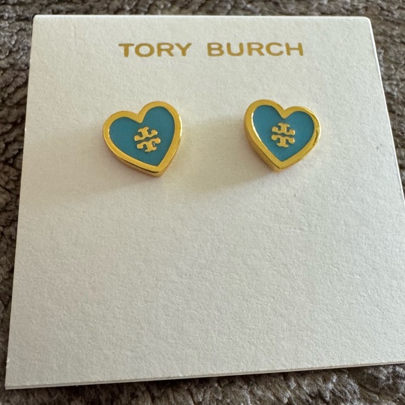 Tory Burch Jewelry - Tory Burch Turquoise and Gold Heart Stud Earrings